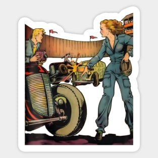 Beautiful Female Motorist Mechanic Vintage Wheels Blonde Girl Retro Comic Sticker